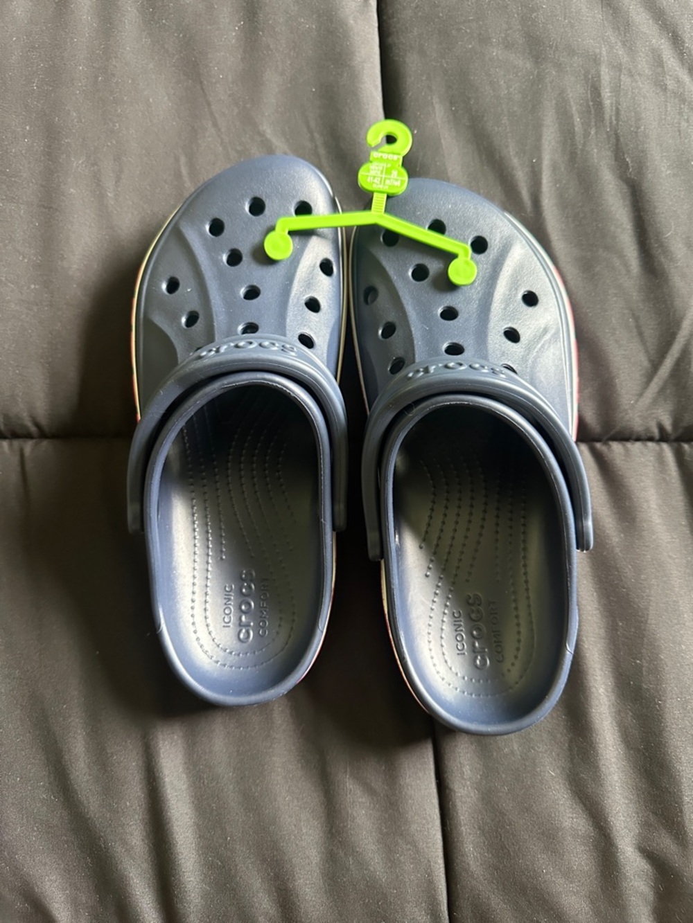 CROCS Navy Blue Classic Clogs with Lime Green Hanger